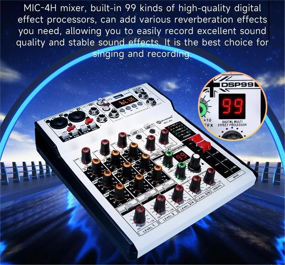 Portable Audio Mixer Sound Desk 6 Channels 99 DSP Guitar Bass Musical Intrument Mic Signal Line In Out Hub Mixing Console