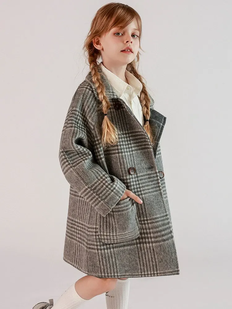 Girl's Double-Faced Wool Plaid Coat, Autumn/Winter Children's Medium-Length Suit-Style Wool Blazer Jacket