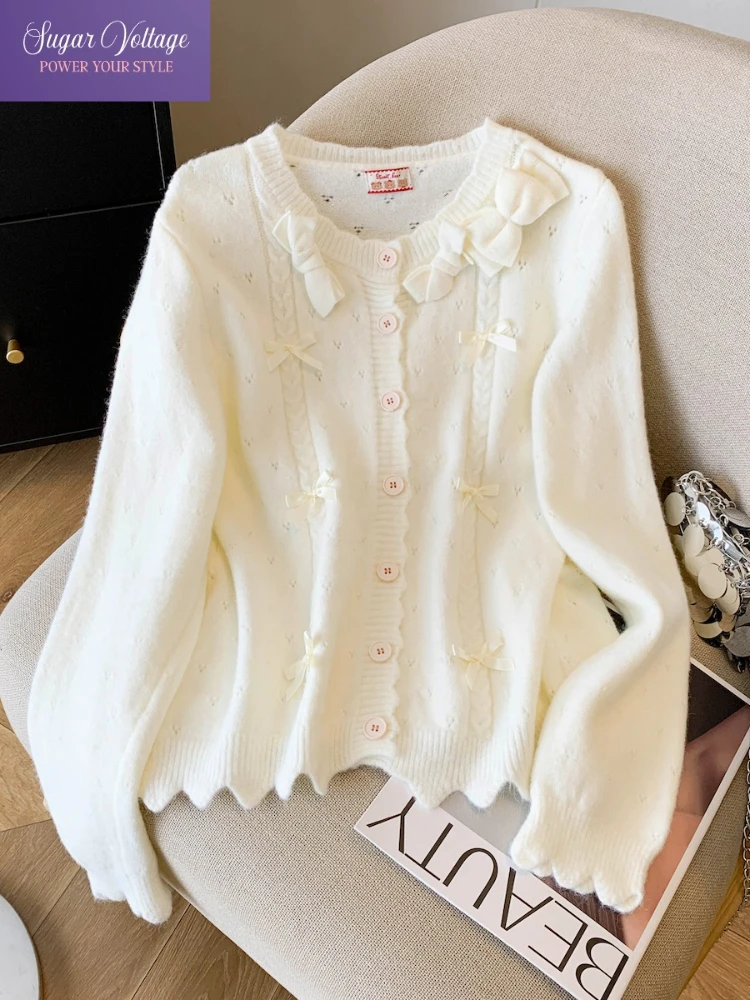 

Осенний винтажный французский модный вязаный мягкий свитер, женский свободный крой с длинным рукавом и бантом, топы на пуговицах с круглым вырезом, повседневный элегантный кардиган в стиле ретро