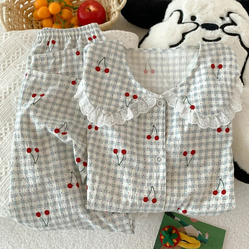 Spring/Autumn New Arrival Cloud-Print Cotton-Trimmed Peter Pan Collar Checked Plus Size Pyjamas for Women Casual Homewear Set