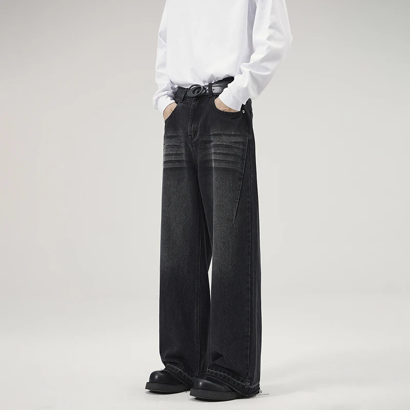 

New Men's Distressed Baggy Straight Jeans Fashion Raw Edge Wide Leg Trousers High Street Korean Denim Pants Male Trendy Brand