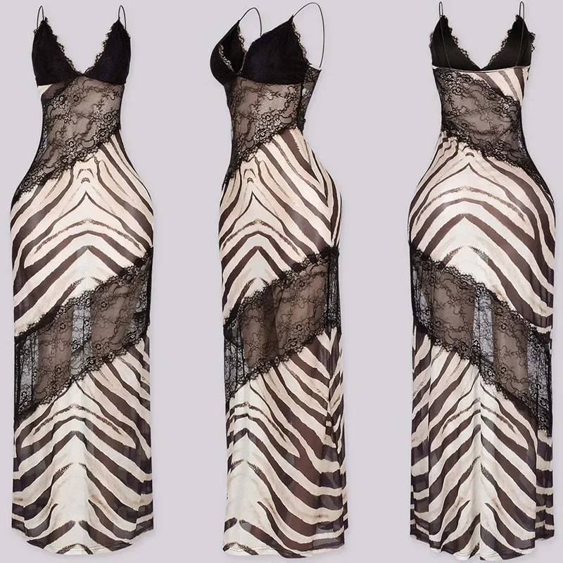 Doyerl Zebra Leopard Party Langes Kleid Damen Sexy Spaghetti-Träger V-Ausschnitt Transparente Spitze Patchwork Nachtclub-Kleidung Maxikleid Geburtstag – Detail 6