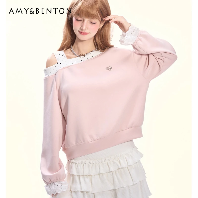 

Autumn New Pink Polka Dot Splicing Lace Women's Top Original French Design Loose Slimming Versatile Off-Shoulder Sweatshirt Girl