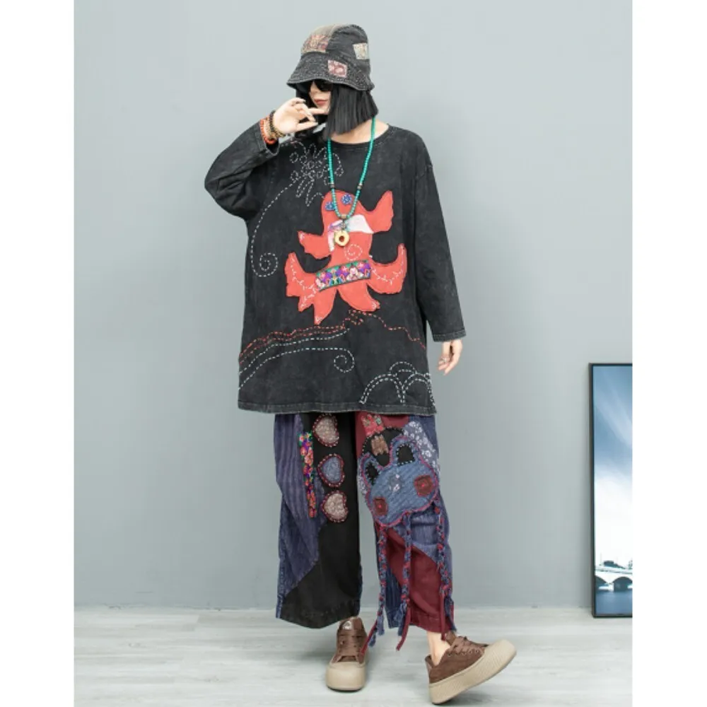 

Heavy Industry Hand Embroidered Long Sleeve Round Neck Medium Length T-shirt + Pant Two Piece Set Women 2024 Autumn LX2233