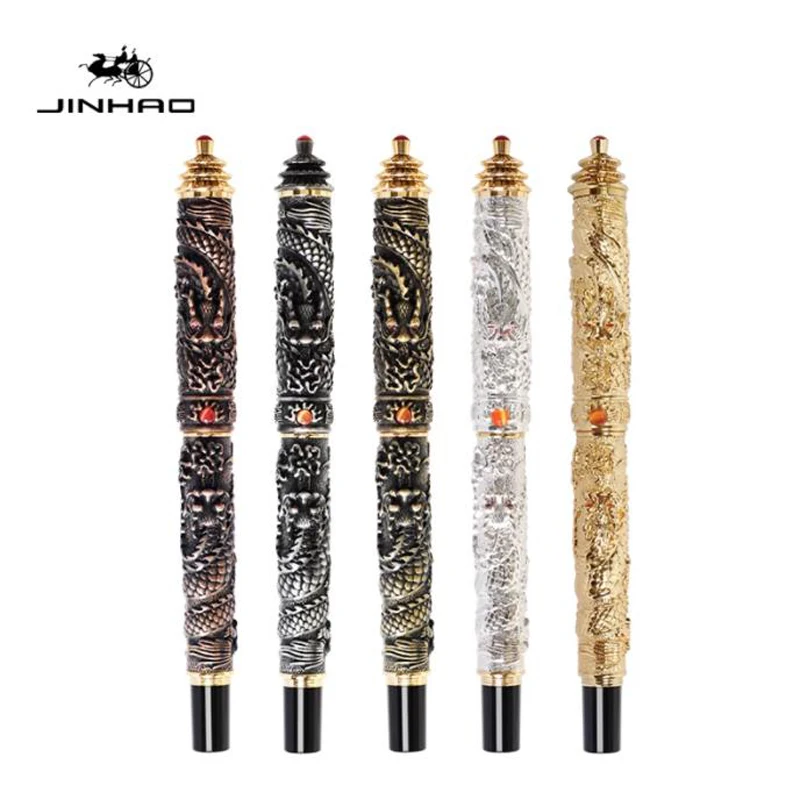 Jinhao Multicolor Fountain Pen Golden Tower Cap Small Double Dragon Playing Pearl Metal Carving Embossing Heavy Pen