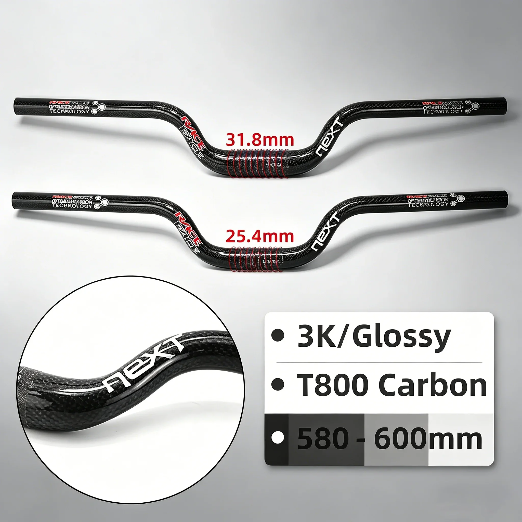 

Carbon Riser Handlebar for MTB and BMX, Gloss Handlebar, NEXT Race Face, 31.8mm, 25.4mm Diameter, 560mm to 700mm Diameter