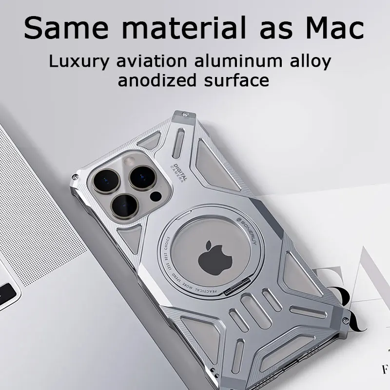 Metal Hollow Heat Dissipation Phone Case For Iphone 13 14 15 16 Pro Max Plus Magnetic Aluminum Stand Cover For IPHON 16 Promax