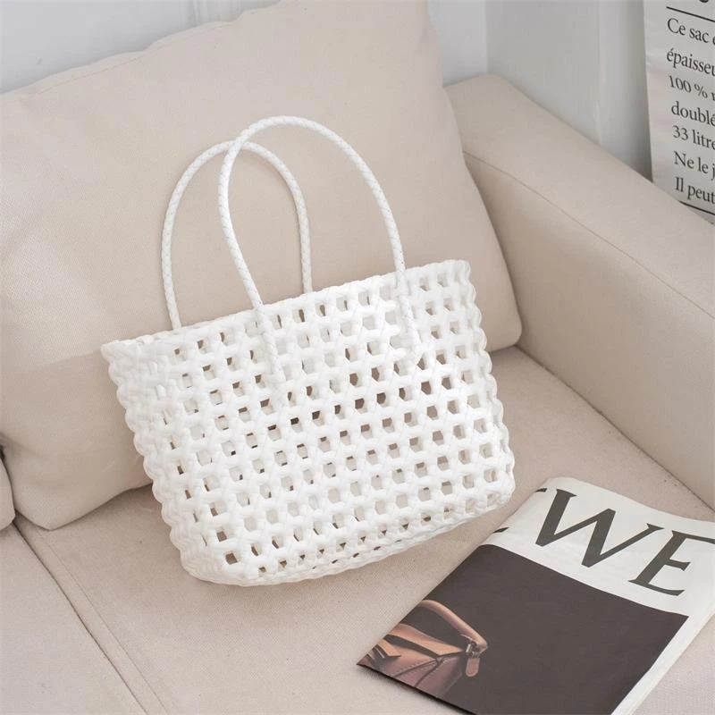 Women\'s Woven Hollow Out Bags Vegetable Basket Summer Fashion PVC Handbag Hand Woven Bag Patchwork Striped Tote Beach Bags