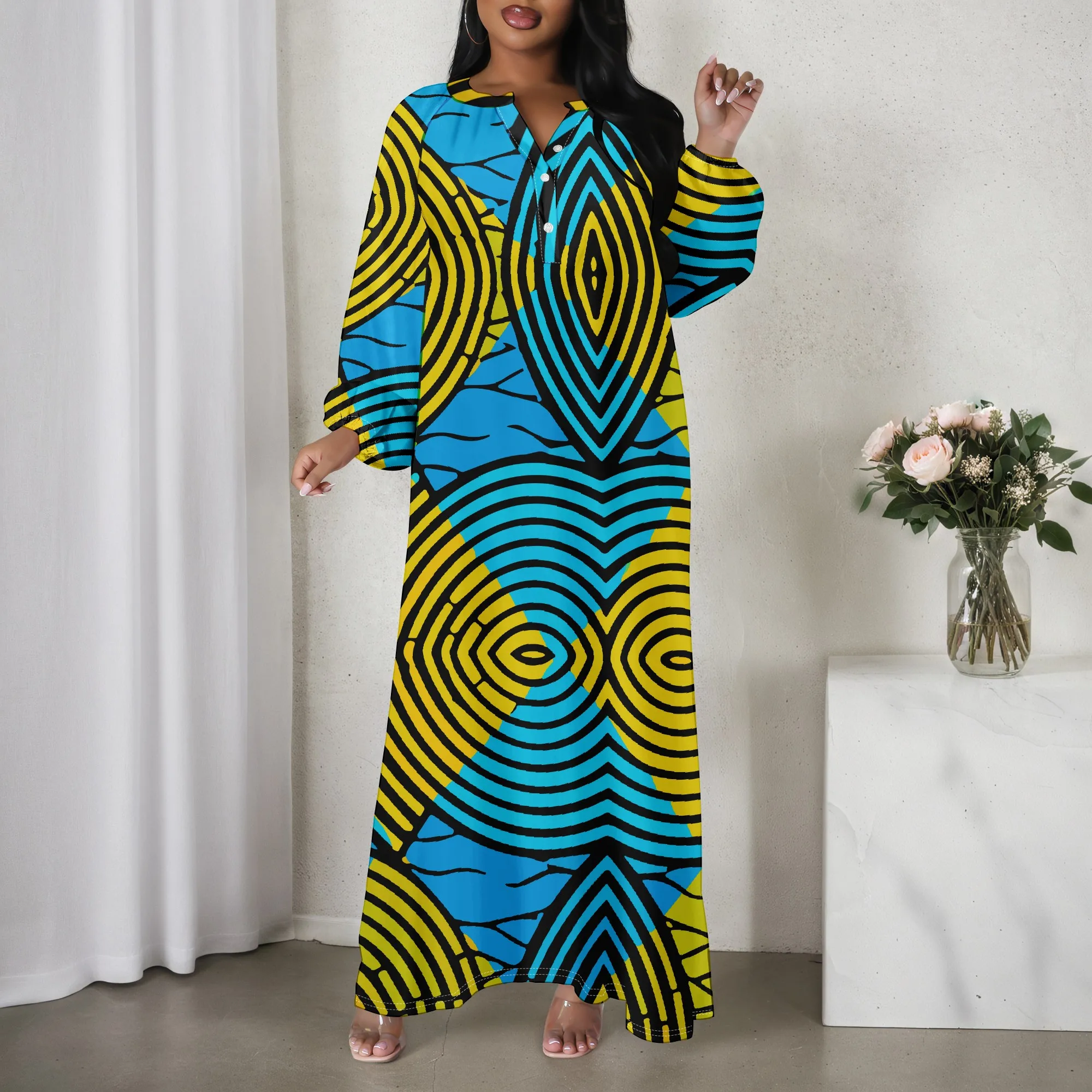 

Women's Long Sleeved Loose V-neck Dress, 3D Fashionable Geometric Printed Striped Printed Dress