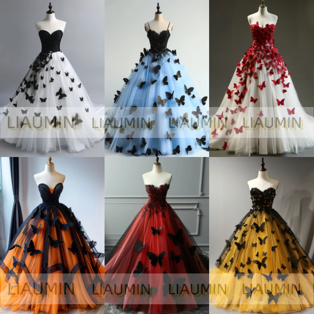 

Tulle And Butterfly Applique Evening Dresses Bridal Gowns Floor Length Formal Brithday Party Clothing Hand Made Custom W15-33