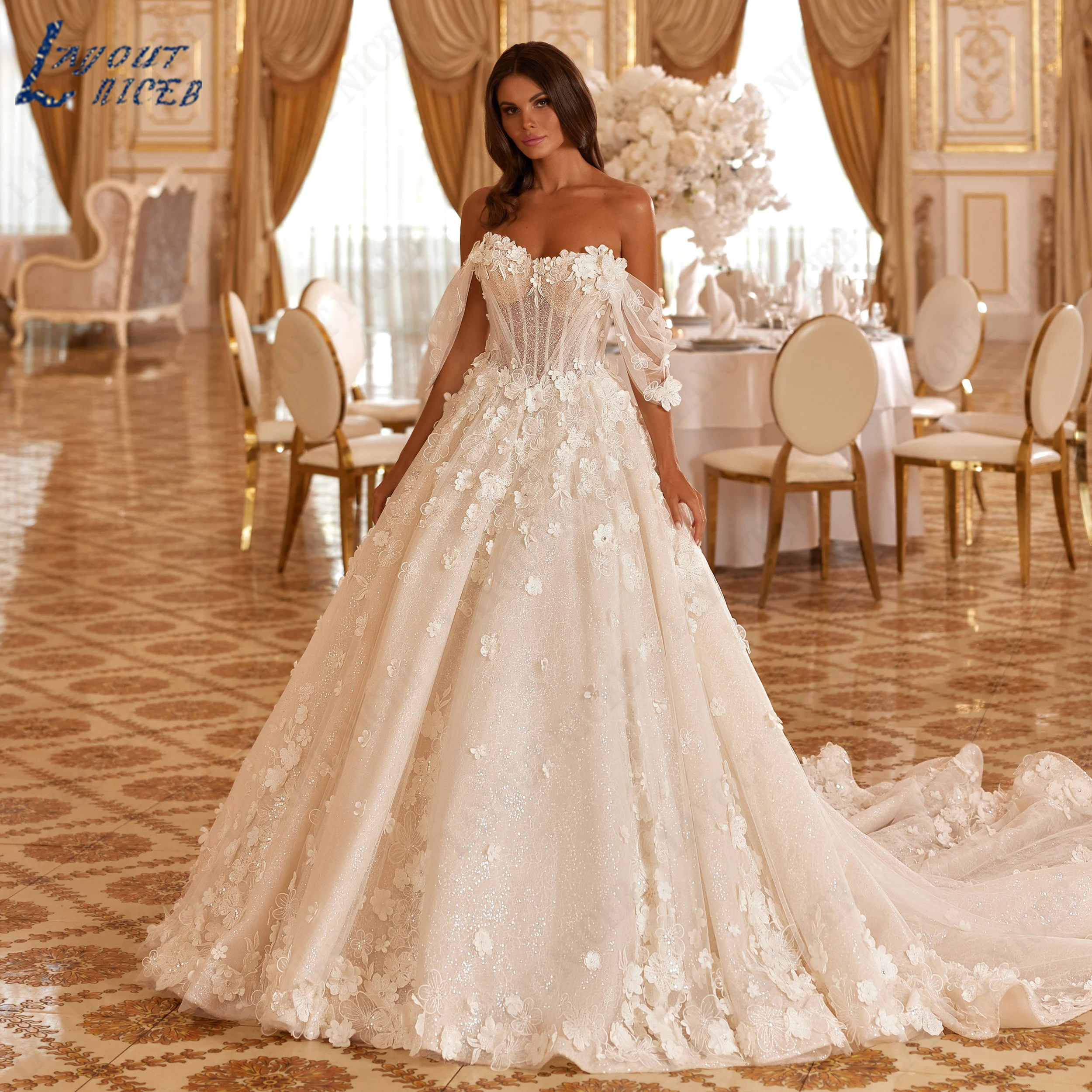 LAYOUT NICEB Customized A-Line Glitter Tulle Wedding Gown Off The Shoulder Bridal Gowns Boat Neck Applique Bride Dresses