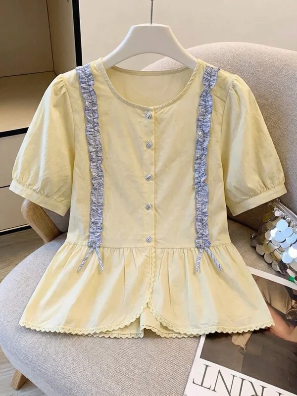 

Yellow Polka Dot Short Sleeve Shirt Women's Summer New Style Doll Shirt Shoulder Wood Grain Korean Version Loose Fit Top