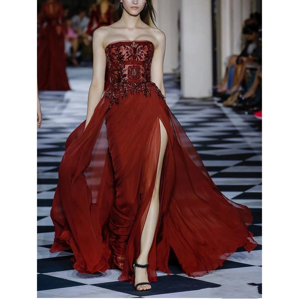 

Elegant Red Crystal Women Prom Dresses Strapless Floor Length Slit Mermaid Slim Fit Shiny Luxury Evening Party Banquet Gowns