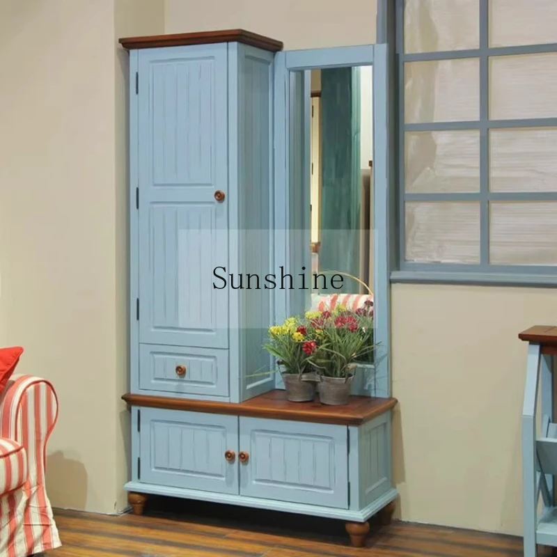 

Simple American country style solid wood furniture foyer clothes and hats shoe cabinet with mirror