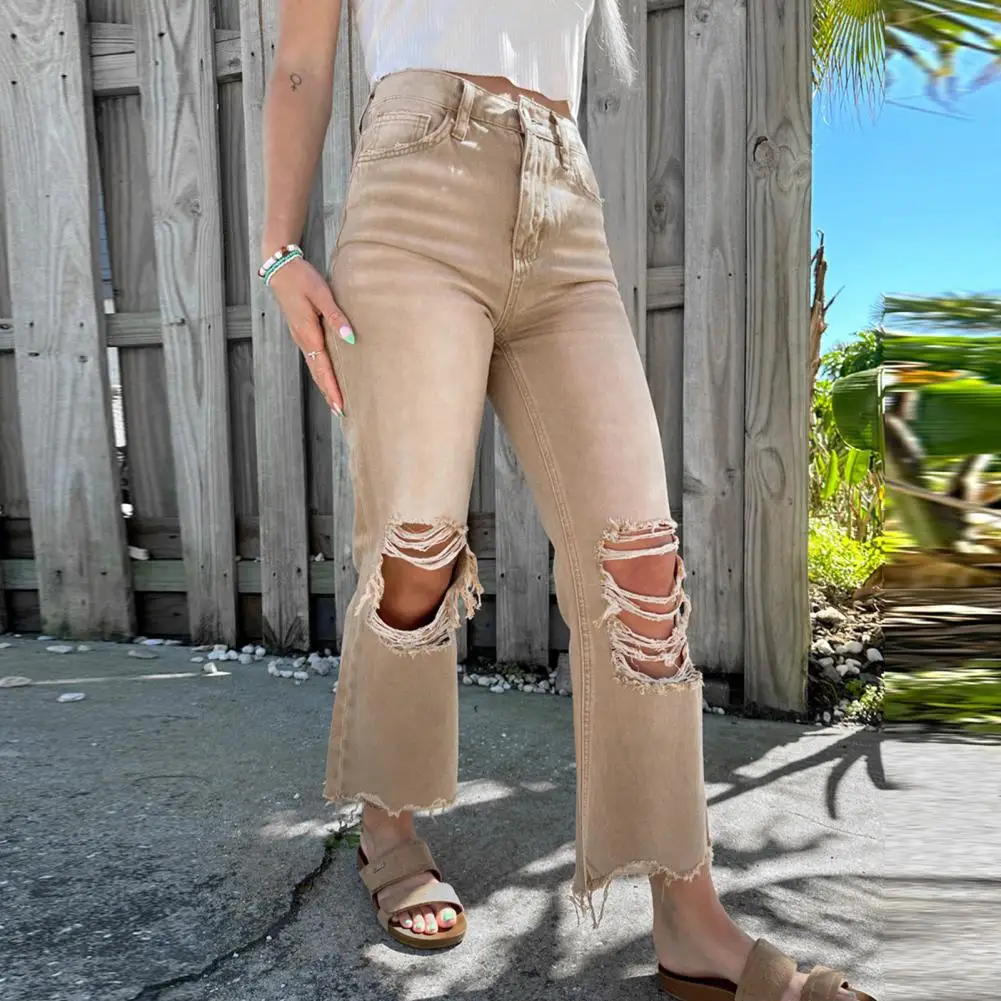 Jeans feminino rasgado de cintura alta com bolsos e zíper, calças jeans elásticas, roupa vintage, outono