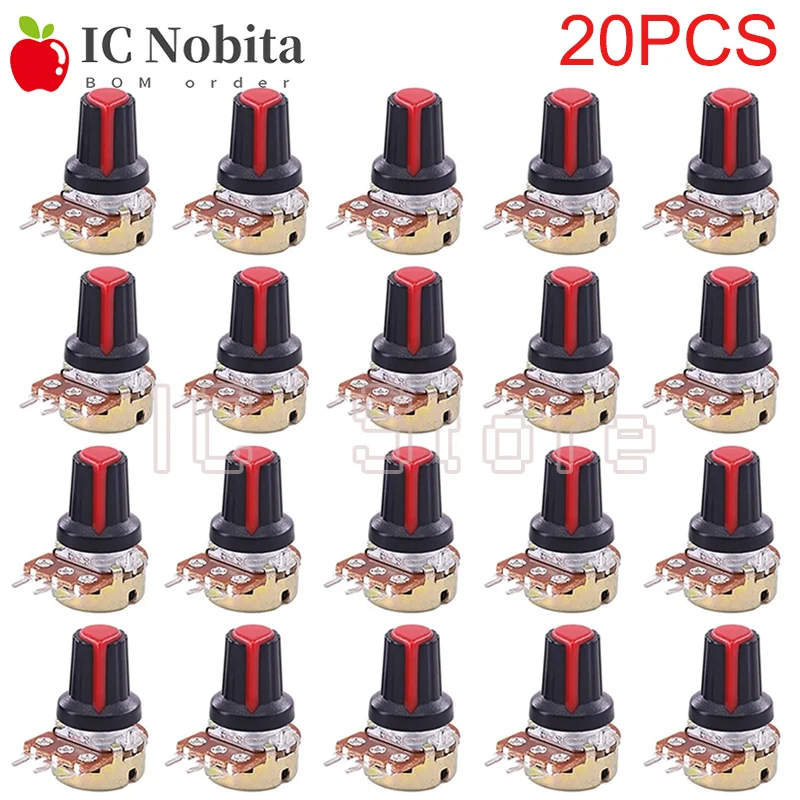 

20PCS WH148 1K 2K 5K 10K 20K 50K 100K 500K 1M Ohm 15mm 3Pin Linear Taper Rotary Potentiometer Resistor with AG2 Red Cap