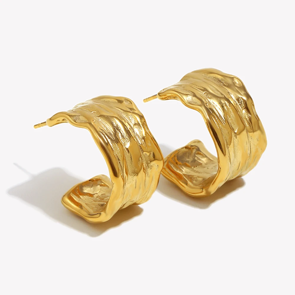 E.B.belle 2024Trendy Tin Foil Wide Gold Plated Hoop Earrings For Women Titanium Steel Ladies Minimalist Basic Gold Hoops Jewelry