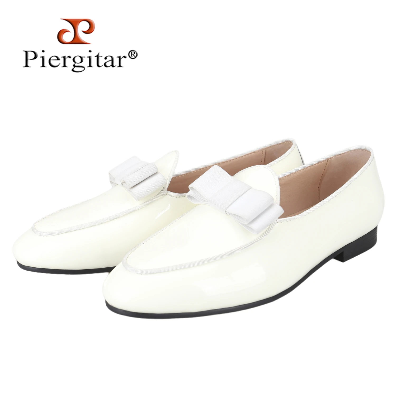 Piergitar White Patent Leather Men's Slip-On Loafers With Handmade Bow Ties For Formal Wear At Weddings And Parties Occasion