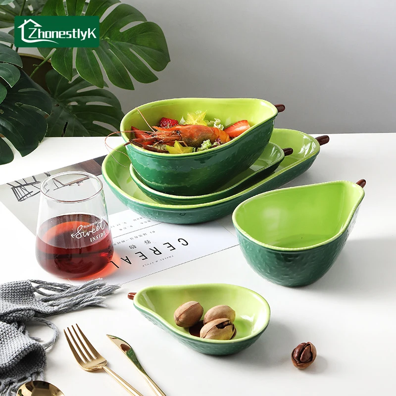 Ensaladera de cerámica con forma de aguacate de dibujos animados creativos, cuencos para sopa, plato para aperitivos de frutas familiares, utensilios de cocina, accesorios de vajilla