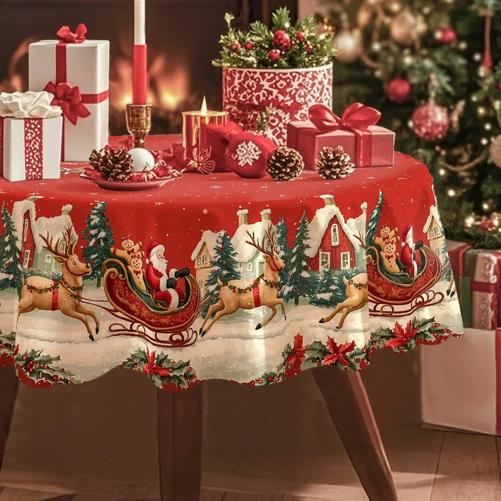 1pc Christmas Tablecloth Featuring Santa Claus and reindeer against a snowy village scene, with red holiday decorations. Ideal f