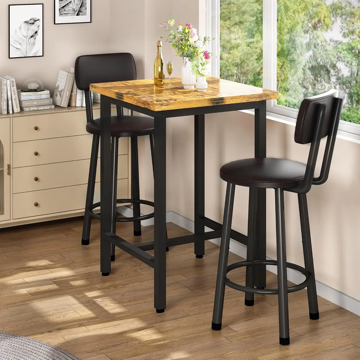 3 Piece Pub Dining Set, Modern bar Table and Stools for 2 Kitchen Counter Height Wood Top Bistro Easy Assemble for Breakfast Noo