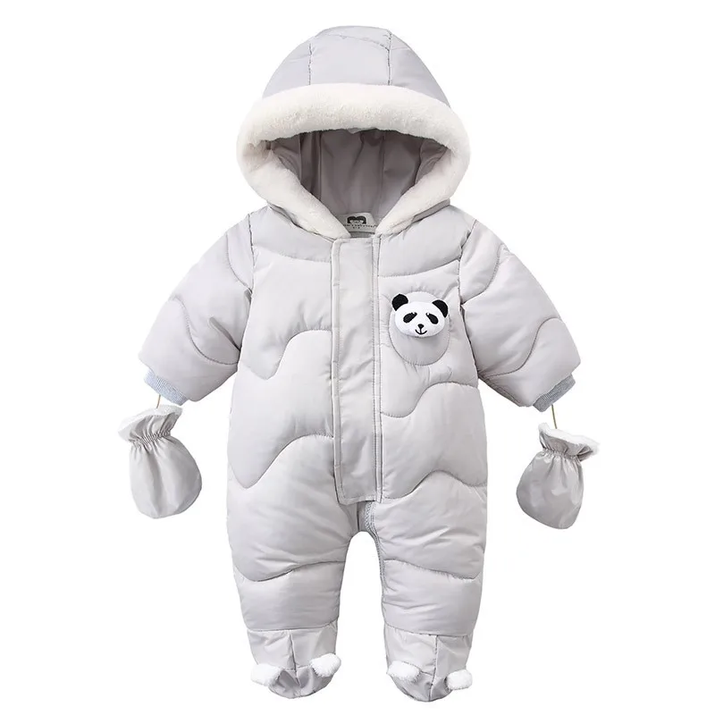 UNIFEMEN Infant Girls Winter Bodysuit Panda Patched Hooded Solid Plus Velvet Thickened Parkas For Newborn Boy Baby Girls Outfits