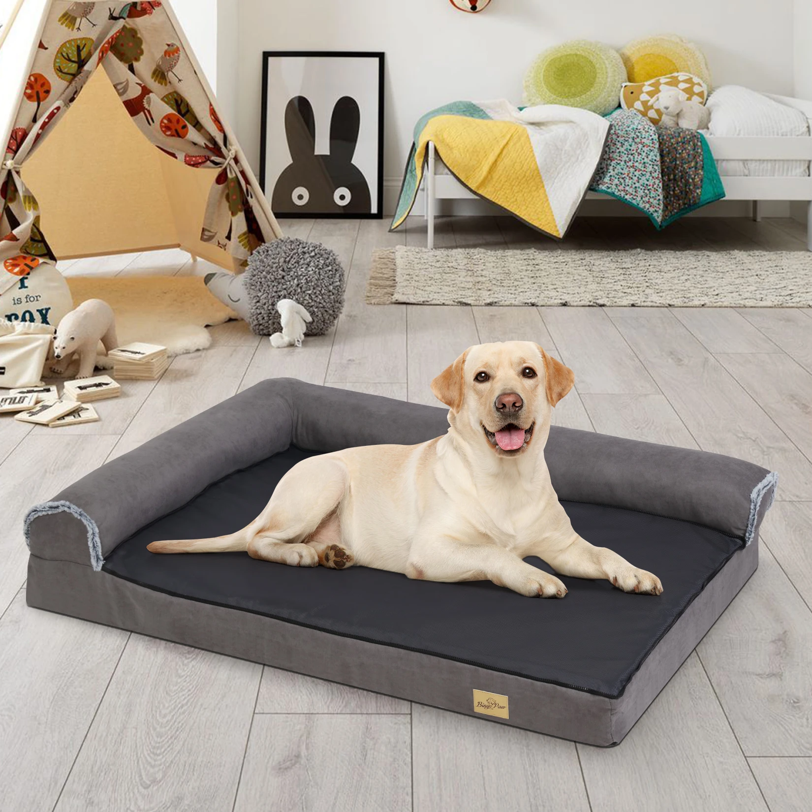 BigngoPaw Heavy Duty Dog Bed for Large Medium Super Soft L-shape Pet Calming Bed Chaise Sofa Kennel Mat w/ Removable Plush Cover