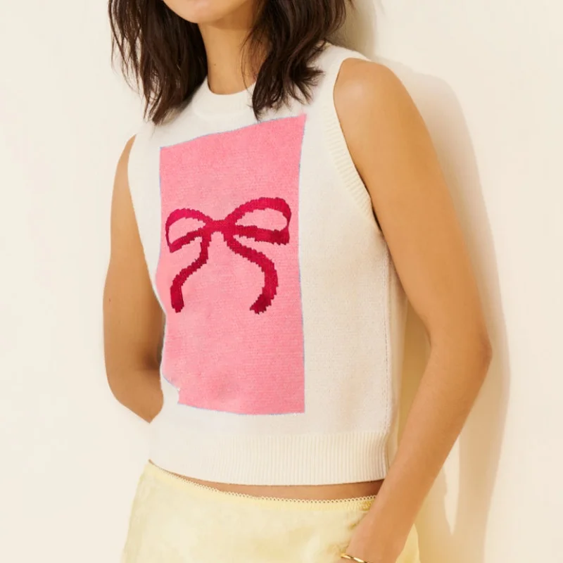 

Women Bow Graphic Sweater Vest Y2k Sleeveless Contrast Juice & Pumpkin Pullover Top Crew Neck Lightweight Fall Knit Tank Tops