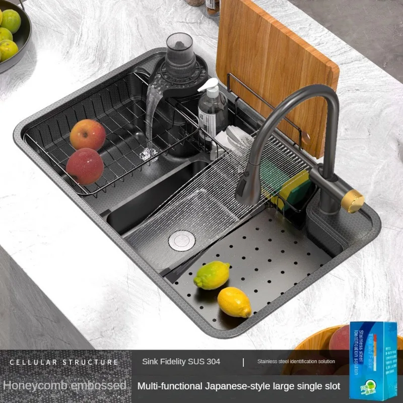 

Honeycomb Embossing Large Single Groove 304 Stainless Steel Flying Rain Groove Honeycomb Sink Kitchen Wash Basin Integrated