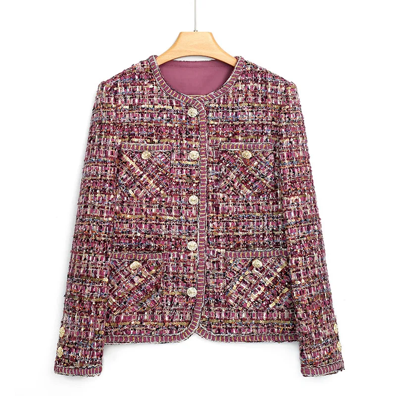 

High Quality Pink Small Fragrance Coat for Women 2024 New Woven Sequin Round Neck Tweed Casual Celebrity Style Lady Short Jacket