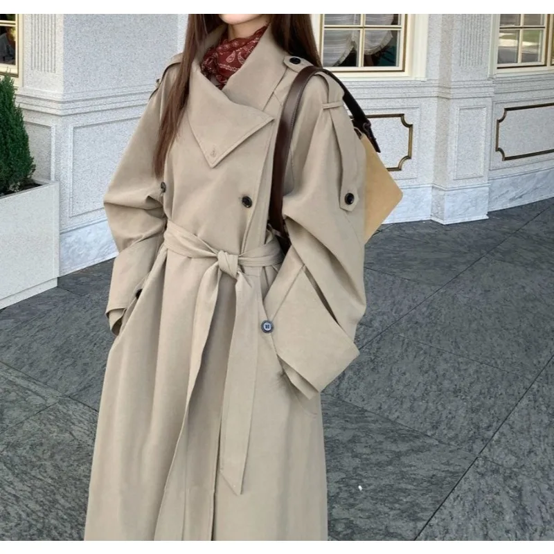 

Women's High-end Temperament Belted Waist Double-breasted Trench Coat,long Length with Silhouette Design Sense Overcoat