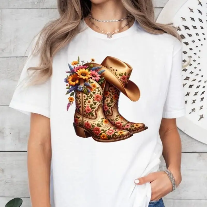 

Cowboy Boots T Shirt with Hat Flower Western Style Cowgirl Wild West