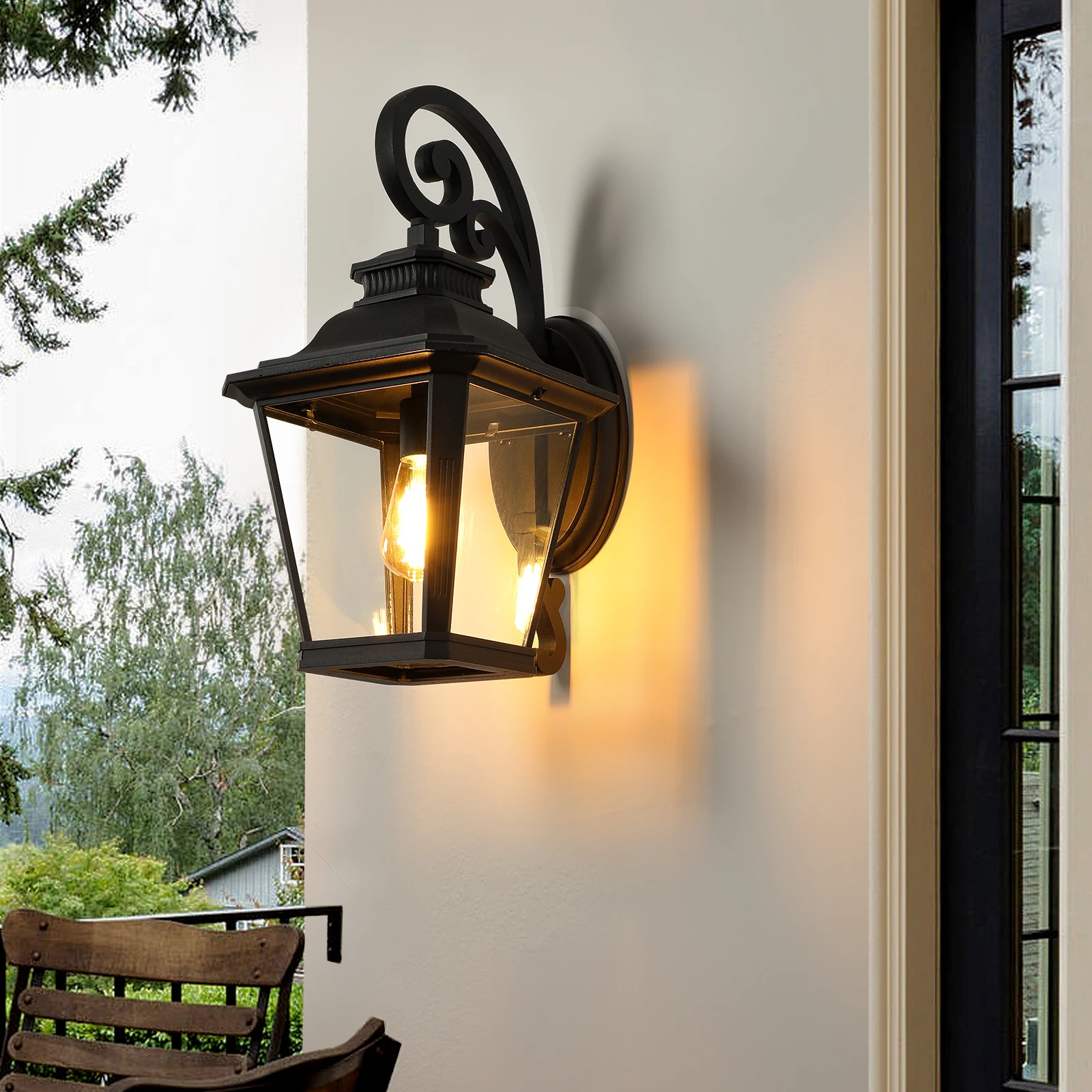 Outdoor Wall Lantern, Black Finish Vintage Style Sconce with Clear Glass Panels, Weather-Resistant Exterior Light Fixture