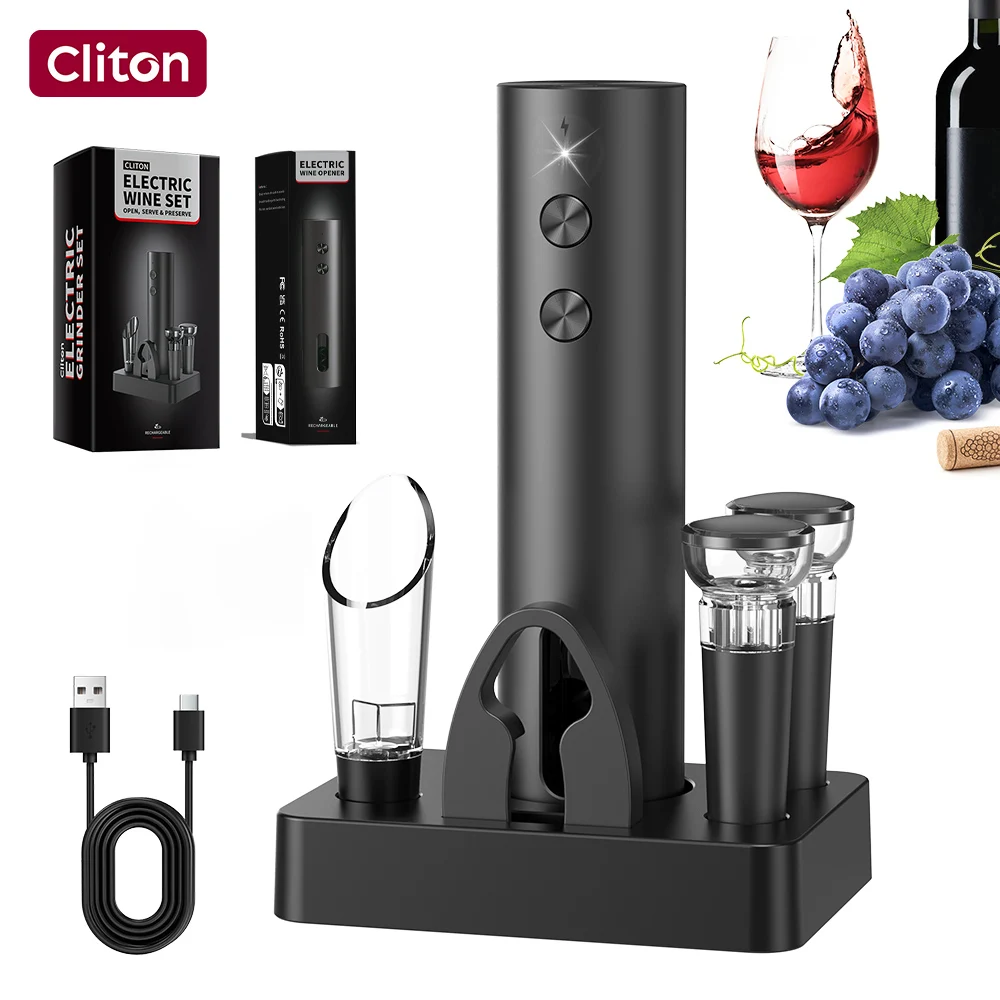 Classical Cliton One-touch USB-C Cordless Automatic Electric Wine Corkscrew Electeic Wine Opener Set for Gift
