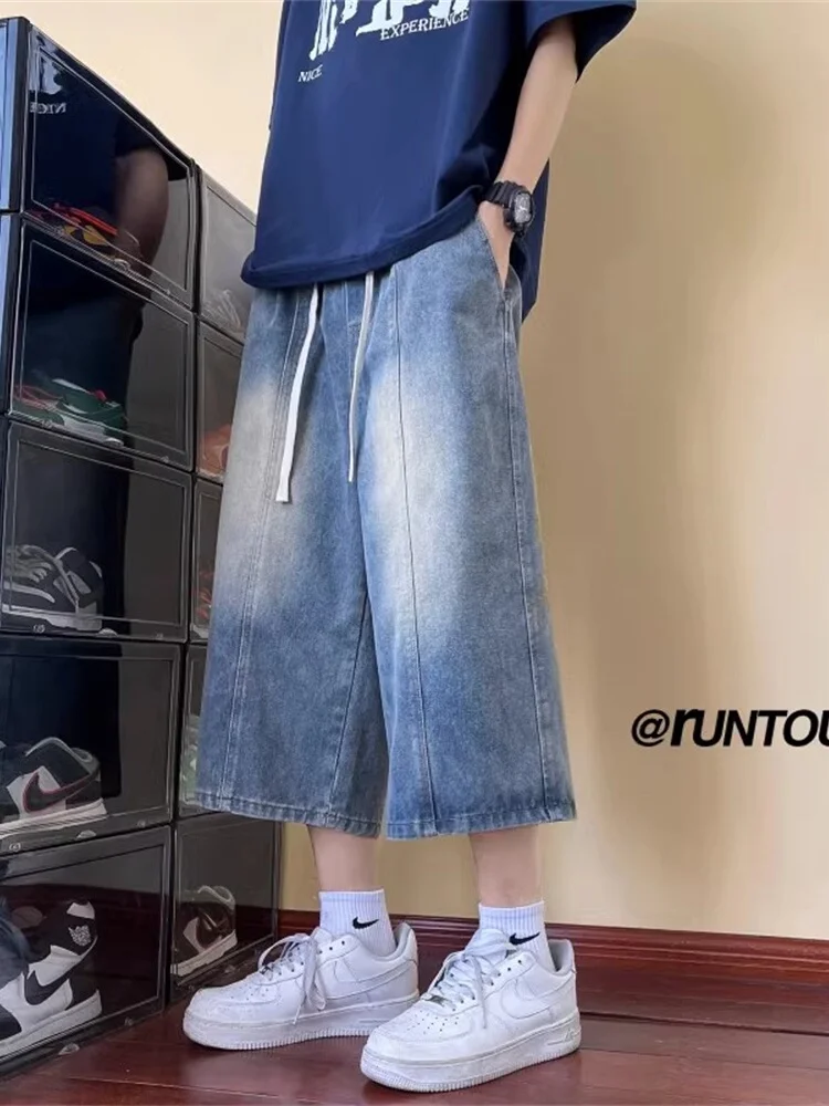 

Мужские джинсовые шорты в американском ретро-стиле, летние, модные, свободные, повседневные, укороченные (до колена), оверсайз, из плотного денима