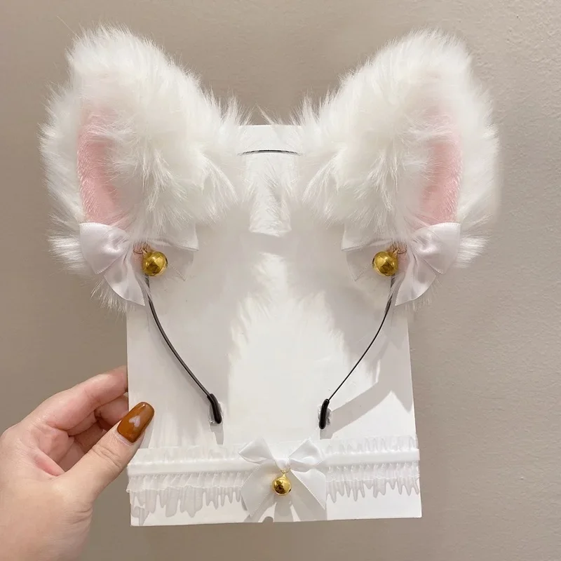 Sexy Plush Cat Ears Headband Fox Lace Bow Choker Bell Ear Hairband Women Cosplay Masquerade-Party Costume Hair Hoop Accessories