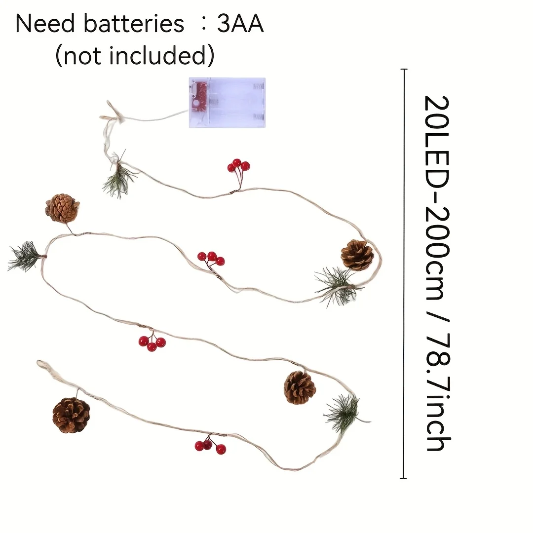 Rattan LED Light String 2M 20 LED Christmas Pine Cone Bell Pine Needle Red Fruit Room Decorative LED Garland Light Fairy Lights