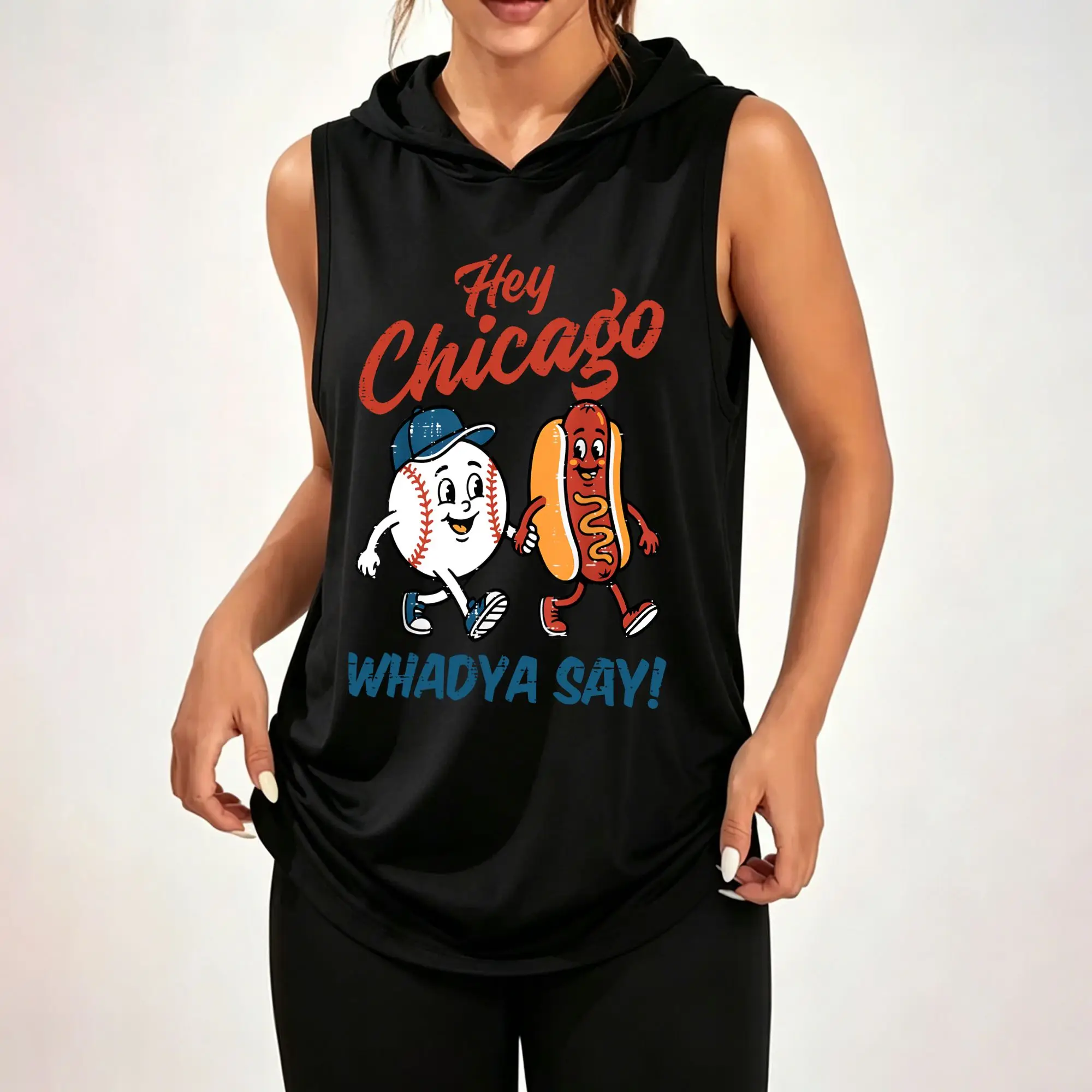 Women Sleeveless Hooded Tank Top, Vintage Hey Chicago Baseball & Hot Dog Cartoon Graphic Print Casual Loose Hooded Sleeveless Top ****