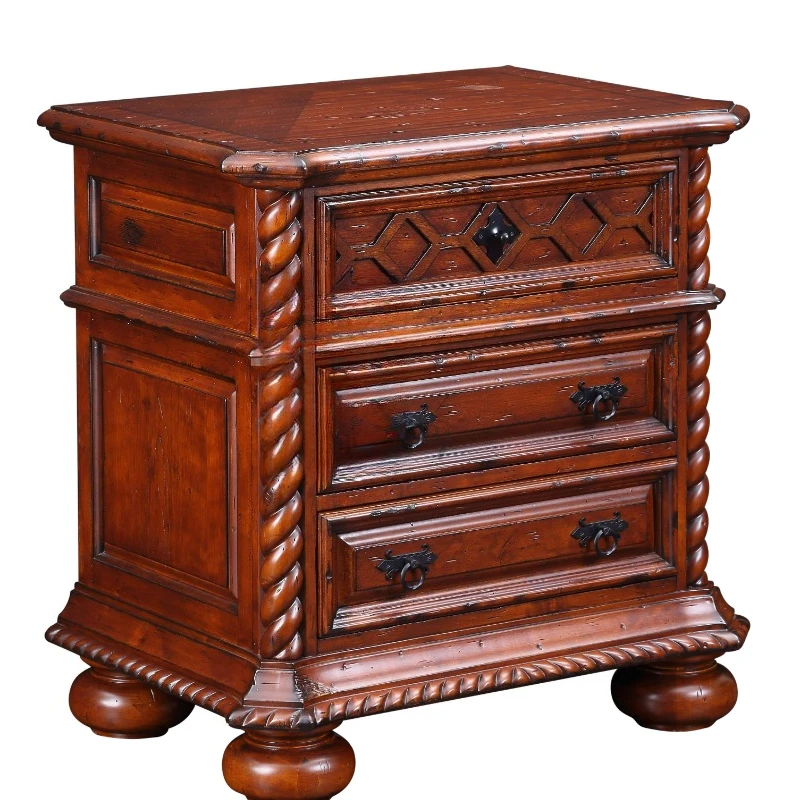 American retro solid wood three-drawer bedside table imitation old veneer rope engraving column foot bedside table