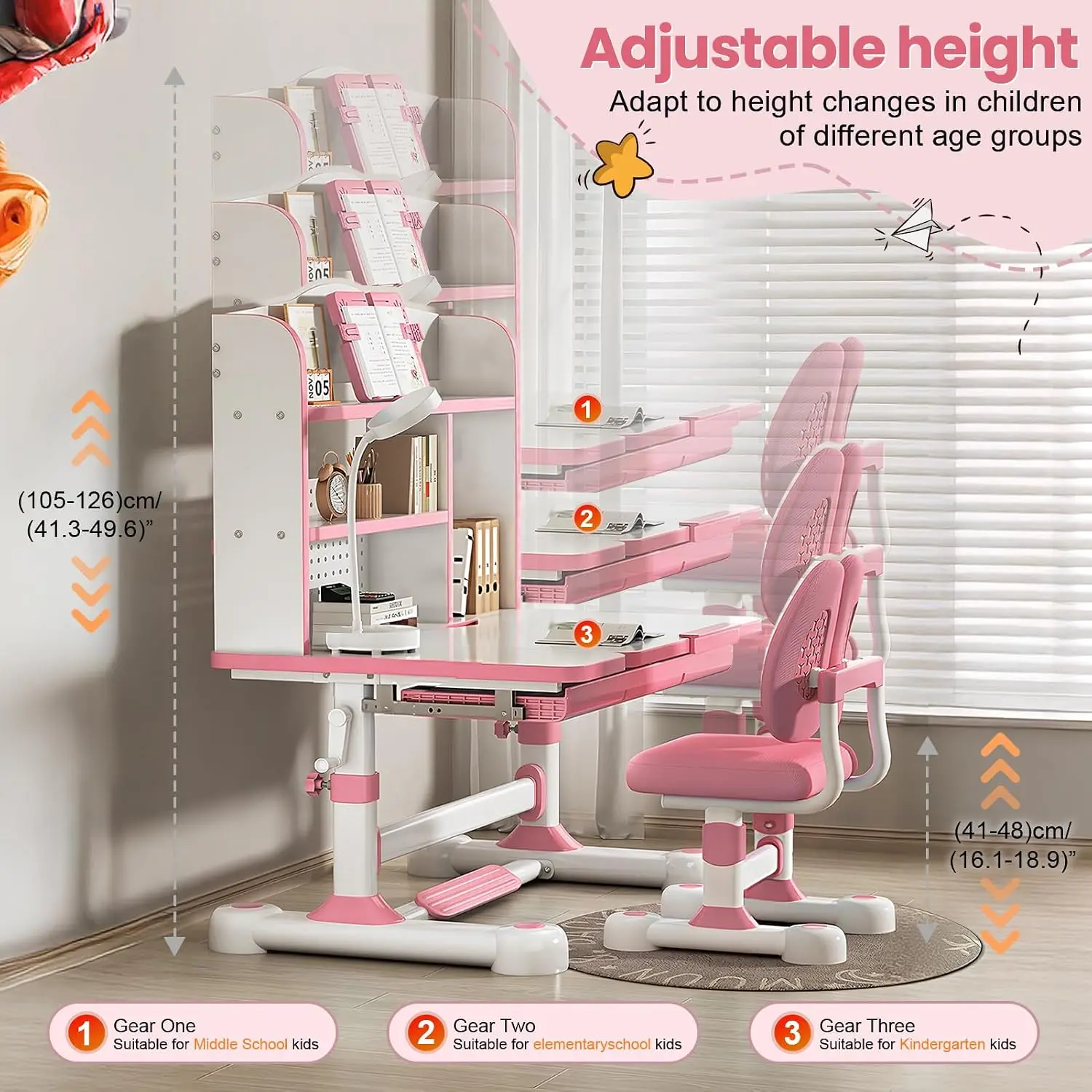Height Adjustable Kids Study Desk Set Ergonomic Tiltable Desktop Crank Drawer Bookstand for Children 3-12, Customized image 3