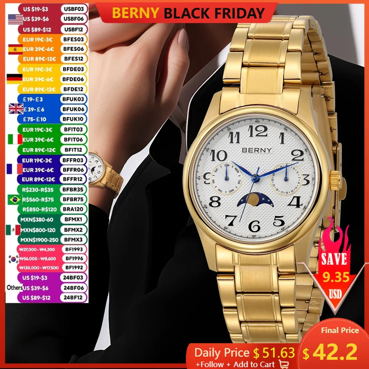 BERNY Gold Watch for Women Easy Read Moon Phase Stainless Steel Luxury Elegant Vintage Quartz Ladies Wrist Watches Calendar