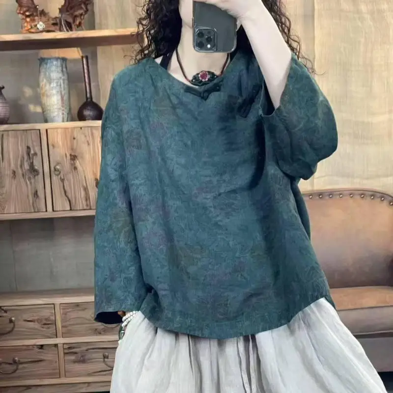 New Spring Arts Style Women V-neck Loose Casual Tshirt Vintage Knot Button Flower Print Cotton Linen Tee Shirt Femme Tops TL149