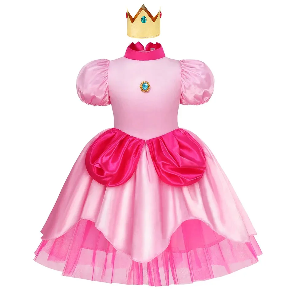 Princess Peach Costume for Girls Classic Pink Dress Cosplay Halloween Party Dress Up Kids Birthday Outfit 2-10 Years