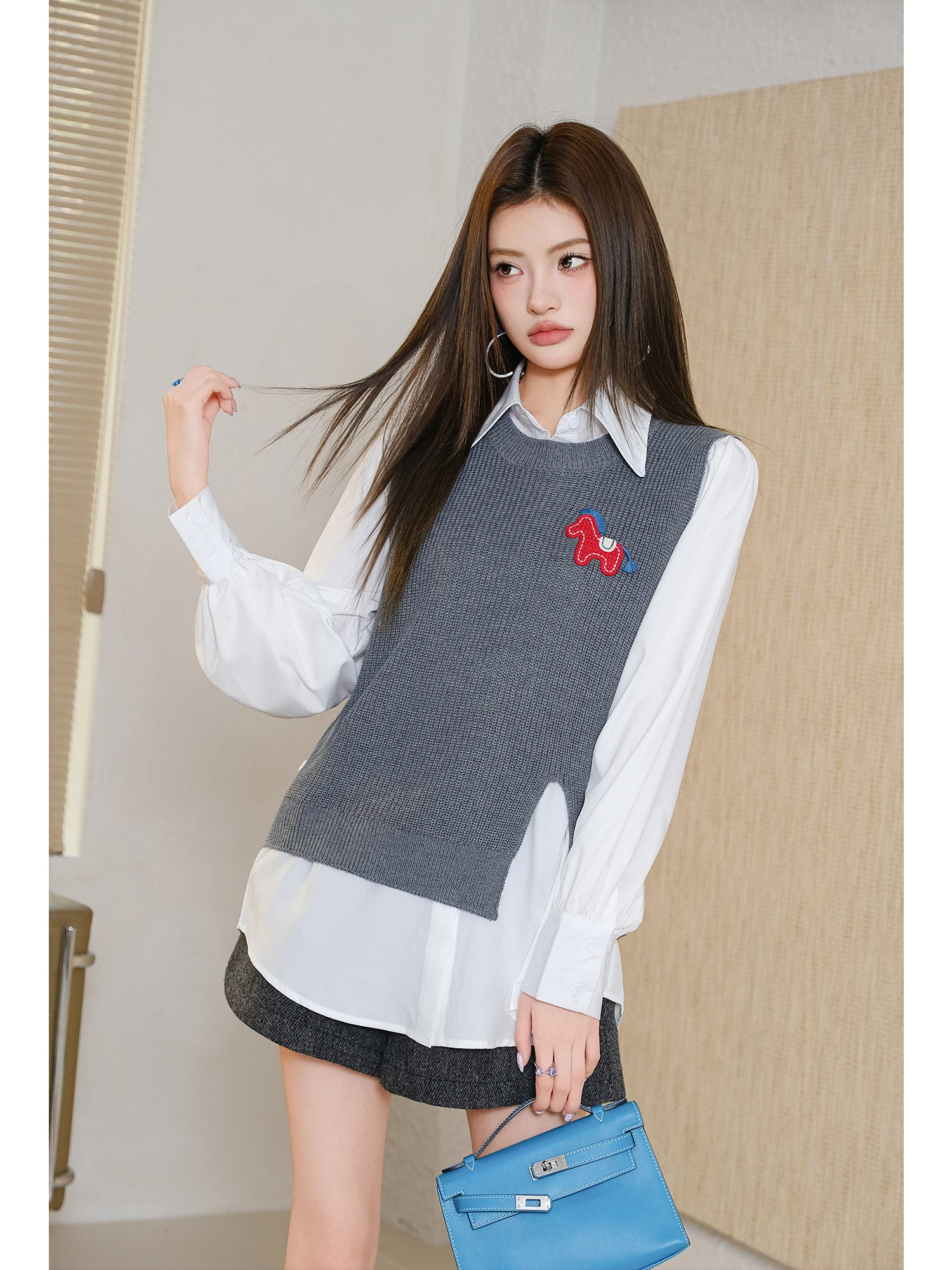 

MIUCO College Sle Anti-Aging Cartoon Embroidered Knitted Vest And irt Two-Piece Set Women's Faion Inner Wear