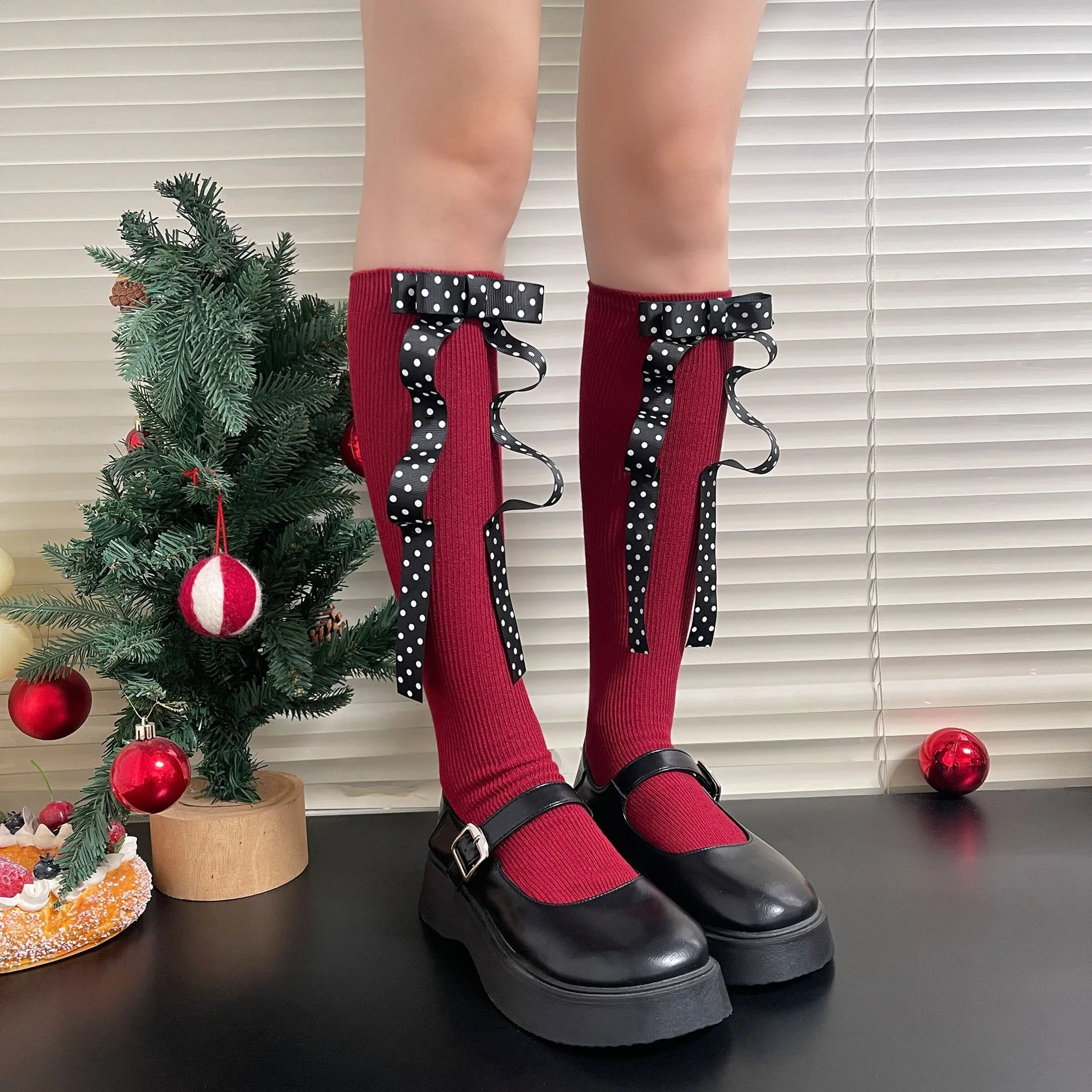 Christmas Women Socks New Year's Red Checkered Gift Bow Bow Girl Lolita Mid-calf Cotton Puffy Girls Stockings