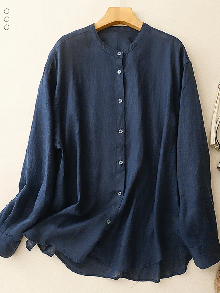 Loose Casual Long Sve Linen irt Women Spring Autumn round Ne Cotton Linen Sunscreen Open Cardigan Top Versatile Layering