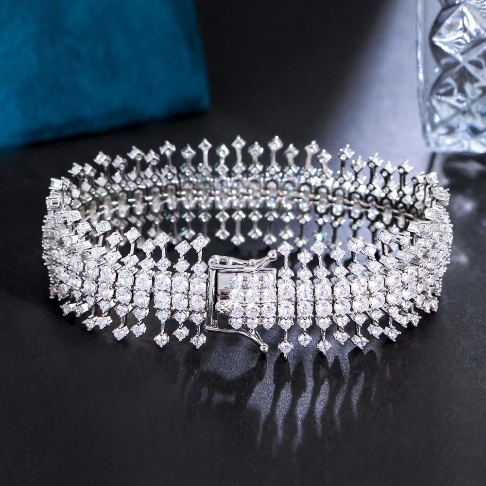 ThreeGraces Sparkly Cubic Zirconia Silver Color Luxury Big Wide Bridal CZ Bracelet for Women Fashion Party Dress Jewelry BR267