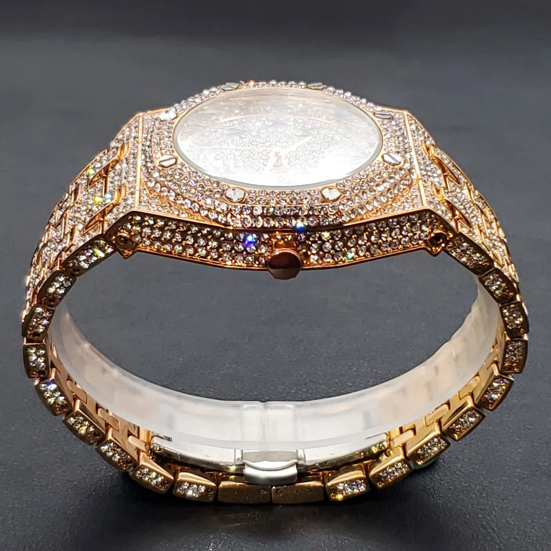 Reloj de diamantes ostentosos para hombre, marca de lujo, relojes de oro rosa brillantes helados, cantante de Rap de Hip Hop, reloj de joyería de la costa oeste, triangulación de envíos