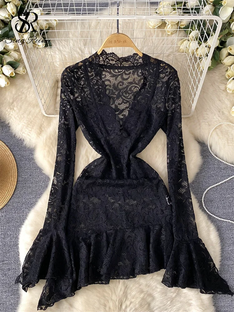 SINGREINY Fashion Sexy Club Lace Dress Ladies 2024 V-Neck Long Flared Sleeve Bodycon Sheer Chic Summer Irregular Ruffles Dress