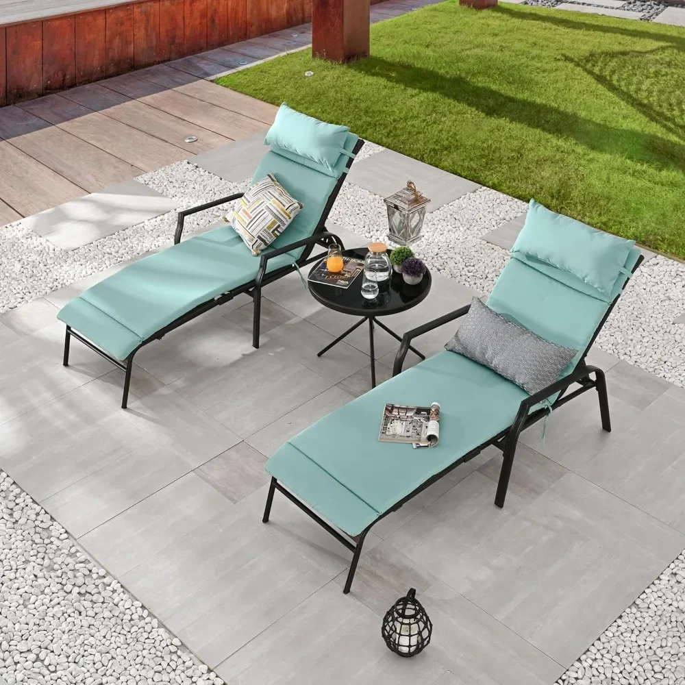 

3 Pieces Outdoor Patio Chaise Lounges Chairs Set Adjustable With Folding Table, Light Blue Cushions|